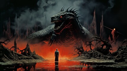 Giant fantasy lizard monster against a lonely hero horroristic scenery - obrazy, fototapety, plakaty
