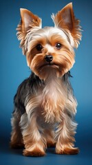 Yorkshire terrier with a sleek and modern puppy cut on