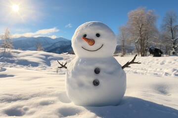 a snowman is standing in a snow field with clouds surrounding it