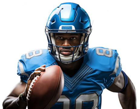 American football player in blue uniform. He holds a ball in his right hand. Head and shoulders in the frame. Isolated on transparent background
