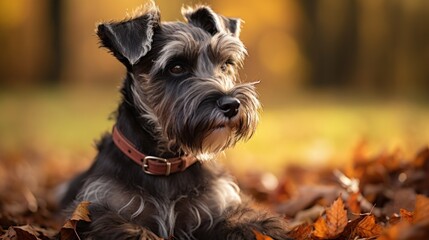 Terrier with a traditional schnauzer cut, looking alert and adorable