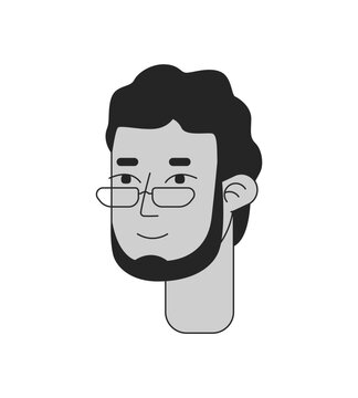 Eyeglasses middle aged arab man black and white 2D line cartoon character head. Middle eastern adult guy eyewear isolated vector outline person face. Bearded male monochromatic flat spot illustration