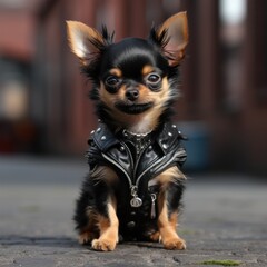 Chihuahua with a spunky and fun Mohawk cut, standing on a brick wall