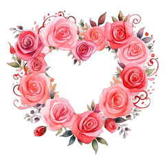 Roses in a heart shaped graphic frame, Valentine's Day illustration, isolated on transparent background