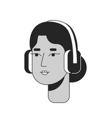 Middle eastern lady wearing headphones black and white 2D line cartoon character head. Arab female melomaniac isolated vector outline person face. Adult earphones monochromatic flat spot illustration