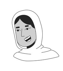 Scarf hijab positive woman black and white 2D line cartoon character head. Young adult muslim lady smiling cheerfully isolated vector outline person face. Monochromatic flat spot illustration