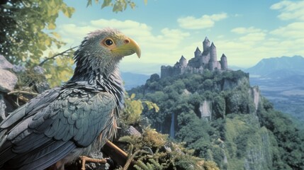 Fototapeta premium Retro fantasy anthropomorphic bird scavenger character with castle
