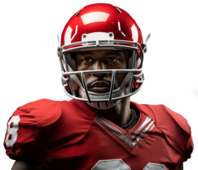 American football player in a red uniform. Head and shoulders in the frame. Isolated on transparent background