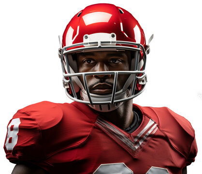 American football player in a red uniform. Head and shoulders in the frame. Isolated on transparent background