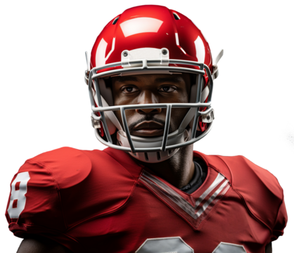American football player in a red uniform. Head and shoulders in the frame. Isolated on transparent background