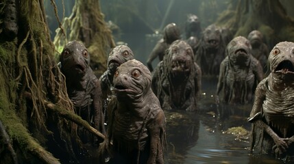 Humanoid swamp creatures and fishmen gathering in dark fantasy swamp