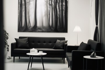 Monochrome workplace sitting area featuring a couch and artwork. Generative AI