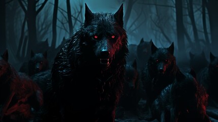 Black wolves pack in a dark fantasy forest with glowing red eyes