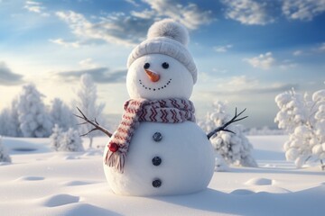 Obraz premium a snowman is standing in a snow field with clouds surrounding it