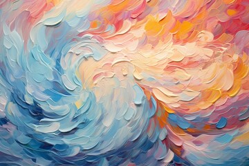 Abstract painting with colorful swirls and blue sky. Generative AI