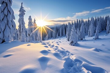 Beautiful winter landscape in the Black Forest with snowy scenery, blue sky, and sunshine. Generative AI