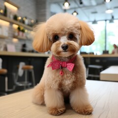 Poodle with a classic summer cut, sittin pretty with a red bow
