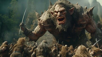 Giant troll in medieval fantasy battle scenery with foot soldiers around