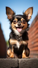 Chihuahua with a spunky and fun Mohawk cut, standing on a brick wall