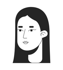 Asian long straight haired woman black and white 2D line cartoon character head. Natural brunette lady japanese isolated vector outline person face. Korean female monochromatic flat spot illustration