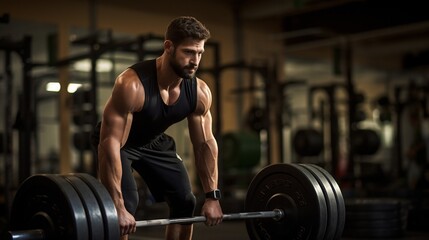 Fototapeta na wymiar Muscular Man Exercising with Weights in Gym Deadlift