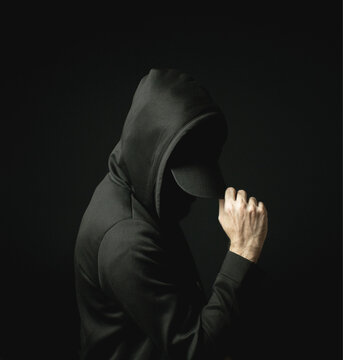 Black Hat Hoodie Sweater Man Hacker Alone in Dark