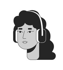 Curly hispanic woman headphones black and white 2D line cartoon character head. Latina wavy hair isolated vector outline person face. Enjoying music mexican girl monochromatic flat spot illustration