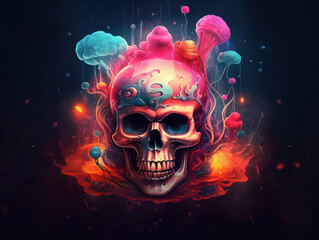 Psychedelic Colorful Skull Painting, Generative AI
