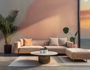 Beige sofa and round coffee table against abstract sunset wall. Loft minimalist home interior design of modern living room; exotic, tropical plants in pots