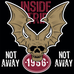 illustration of skull with bat wings in tattoo style, colorful military or motorcyclist, military texts and numbers.