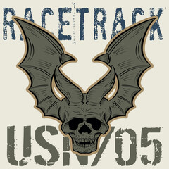 illustration of skull with bat wings in tattoo style, colorful military or motorcyclist, military texts and numbers.