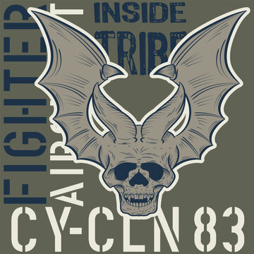 illustration of skull with bat wings in tattoo style, colorful military or motorcyclist, military texts and numbers.