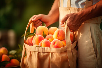 Close-up of a worker with a harvest bag full of peaches.
