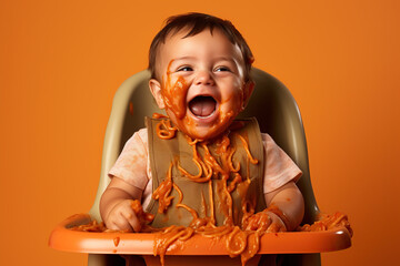 baby meal aftermath - baby laughing with spaghetti sauce mess