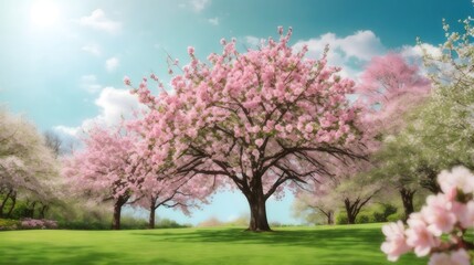 Naklejka premium Realistic Spring Background Middle Of Trees On Botanical Garden Cherry Blossom Spring Flower Background Flower Illustration Blossom Flower Background AI Generative