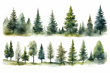 Set of watercolor trees, hilly meadow, pine, spruce, island. Generative AI
