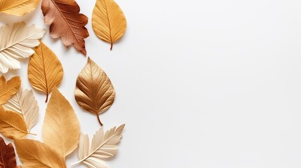 Yellow and golden leaves over white background