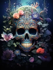 Photo sur Plexiglas Crâne aquarelle Psychedelic Colorful Skull Painting, Generative AI