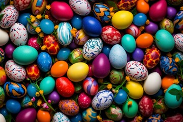 Fototapeta na wymiar An array of colorful easter eggs scattered everywhere. Generative AI