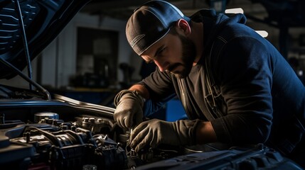 Professional Mechanic Repairing Car Engine in Workshop