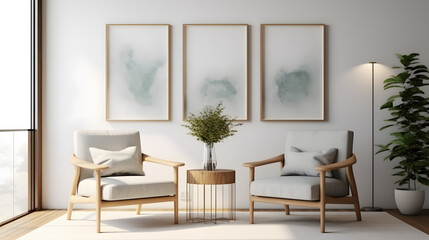 Two armchairs in room with white wall and big frame poster on it. Scandinavian style interior design of modern living room. Created with generative