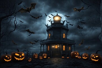 Fototapeta na wymiar Halloween Backdrop Haunted Lighthouse, HALLOWEEN DIGITAL BACKDROP, bat, pumpkin party, decor, kids photography, background, photoshop overlays, haunted house