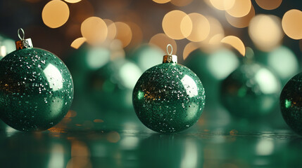 Green christmas background, christmas balls, snow, bokeh lights, Generative AI
