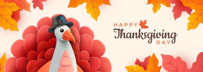 Happy Thanksgiving day banner. Thanksgiving turkey and autumn leaves yellow background. 3d realistic turkey in cartoon style. Horizontal holiday poster, header for website. Vector illustration
