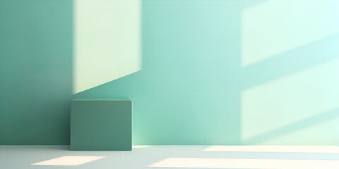 Minimalistic mock up background with podium and dark turquoise wall, product presentation concept