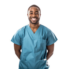 Black male nurse standing up, body view, smiling