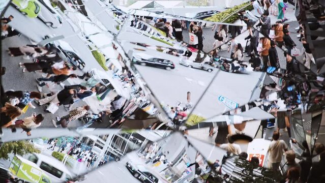 Crowd of Asian people walk on shopping street, car traffic transportation on road in Harajuku Tokyo Japan, fractured mirror view. Japanese culture lifestyle, travel tourism, Asia transport city life