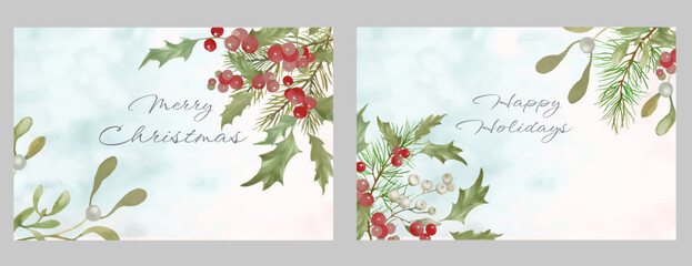 Watercolor  Chrismas  greeting cards set with mistletoe, holly, pine. Hand drawn illustration isolated on white. Vector EPS