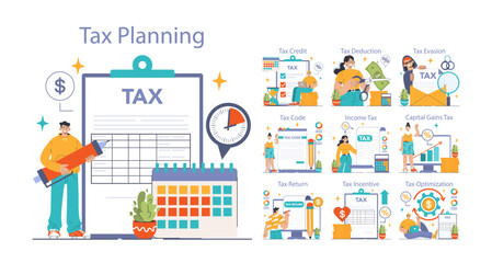 Tax optimization set. Financial efficiency, budgeting and economy idea.