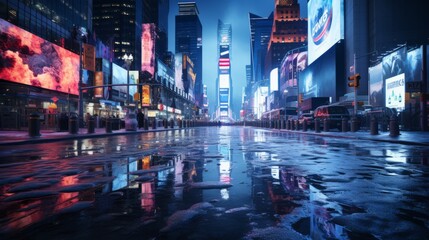 Generative AI image of a photorealistic shot of New York streets at night in the winter